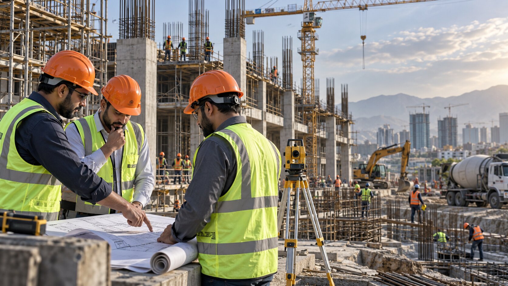 Civil construction site with structural foundation works and engineers in progress