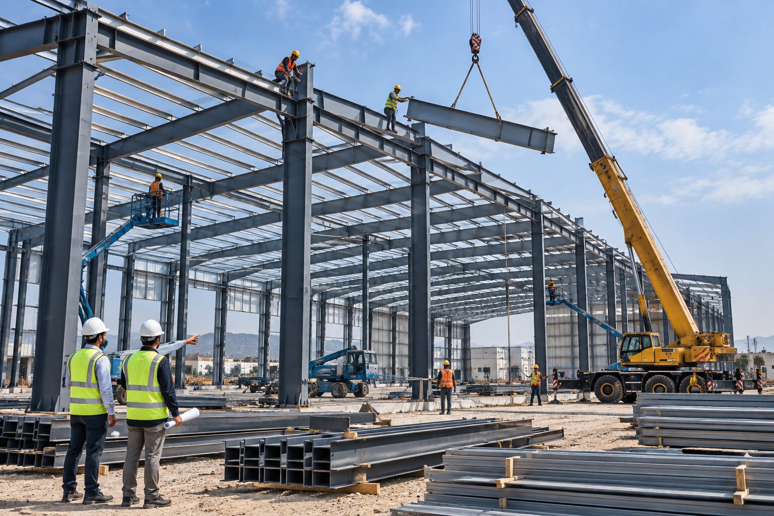 Structural steel erection and crane operations on industrial construction site